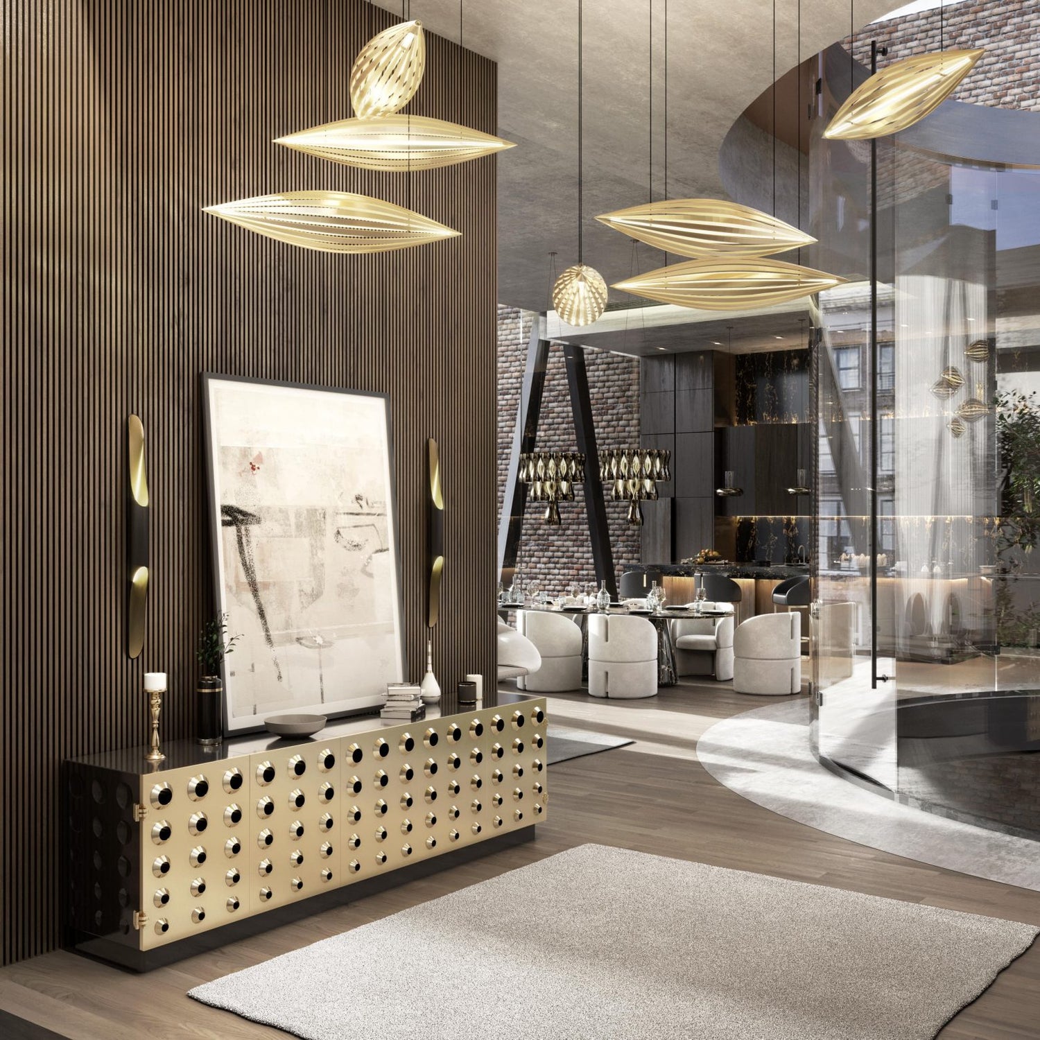 Very modern living room with silver and gold accents and circular glass wall.