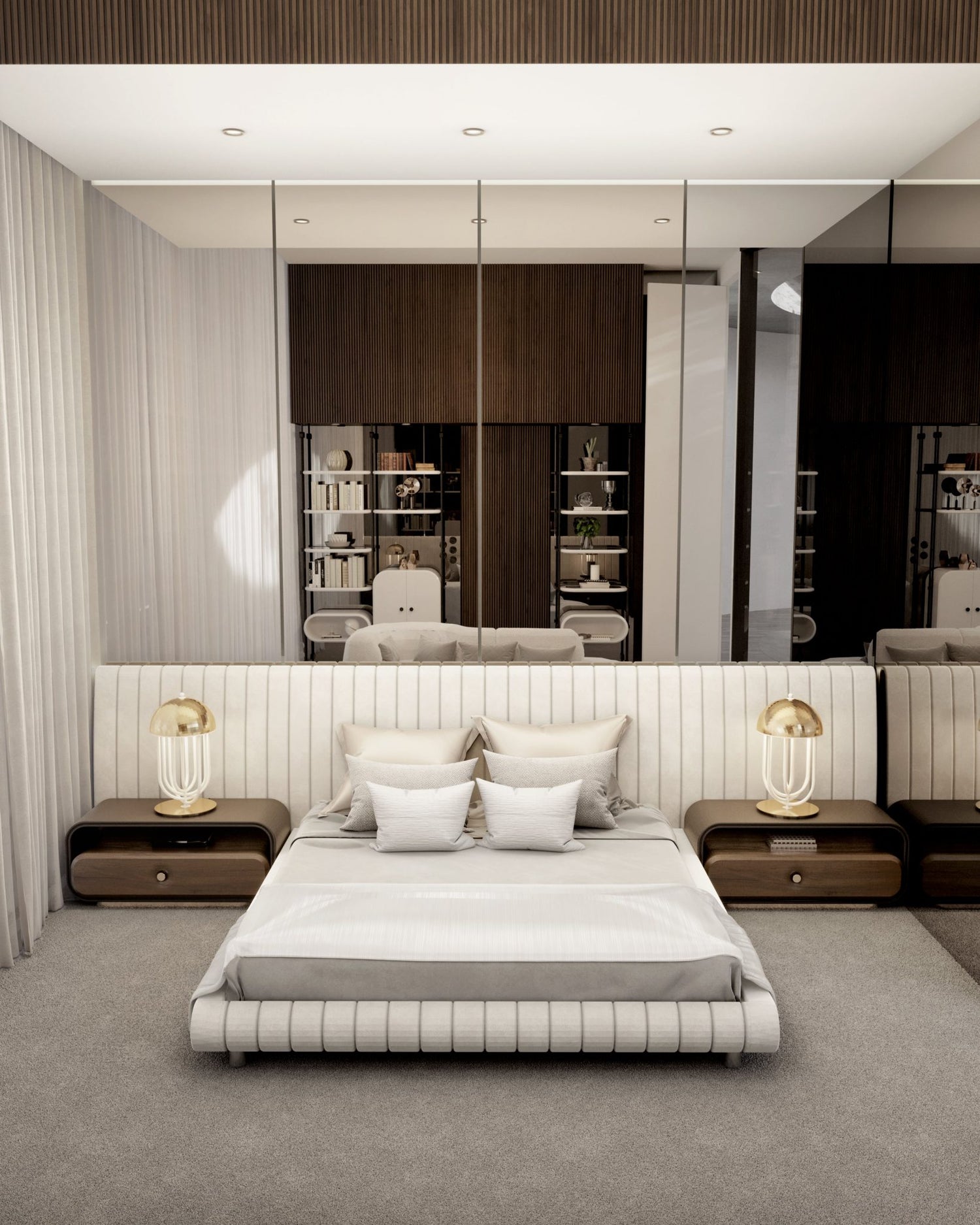Elegant and modern white bedroom set with windows in background.